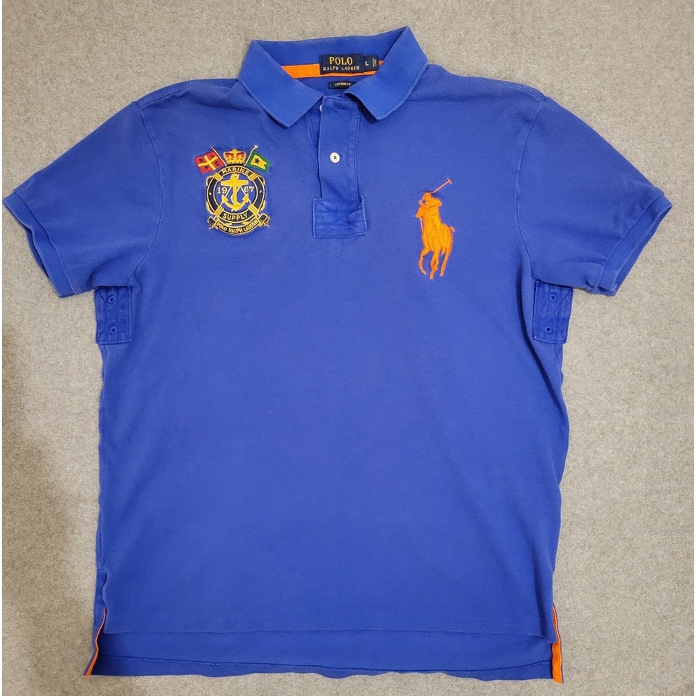 Polo Ralph Lauren Mens L Blue Marine Supply Big Pony Custom Fit Shirt Yacht Club